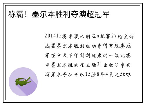 称霸！墨尔本胜利夺澳超冠军